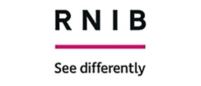 A close-up of a sign with the text RNIB See differently in black on a white background.