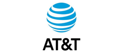 A logo featuring a blue and white striped sphere with the text AT&T.