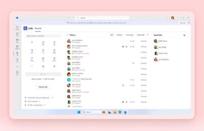 Call interface showing recent contacts, missed and outgoing calls, voicemail, and call options