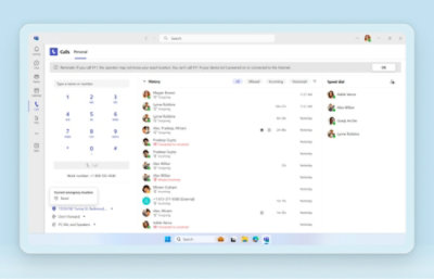 Screenshot of a Microsoft Teams interface showing the Calls tab, featuring a dial pad, call history, and a speed dial section.