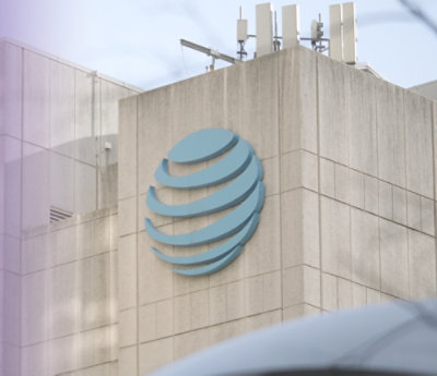 AT&T building with logo and rooftop antennas.