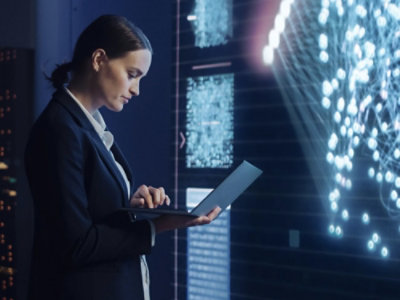 Person typing on laptop in front of digital display with bright nodes.