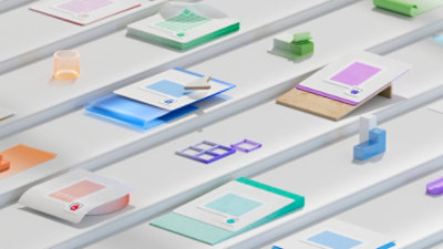 Tác phẩm nghệ thuật số trừu tượng với biểu tượng Excel, Word, các trang tính nổi, biểu đồ tròn và các thành phần giao diện trên nền chuyển màu mềm mại.