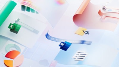 柔色渐变的背景上分布有抽象的数码艺术，以及 Excel 和 Word 的图标、浮动的图表、饼图和 UI 元素。