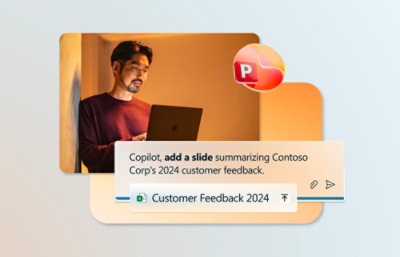 A person using a laptop with text on the screen displaying customer feedback notes for 2024.