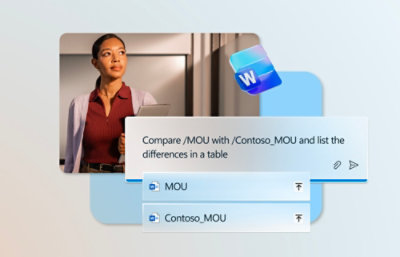 Una mujer con un portátil y un cartel azul y blanco que muestra un texto.