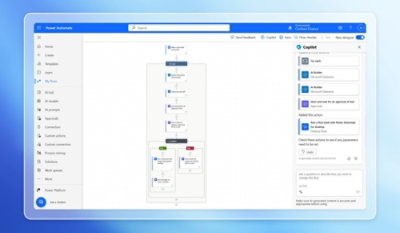 Computer screen displaying a workflow diagram with connected steps and a side panel for properties in a blue-themed interface.