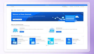 Computer screen displaying a Power Automate webpage with sections on getting started and building workflows in a blue-themed interface.