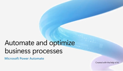 Promotional graphic for Microsoft Power Automate featuring a blue-purple ribbon design and text about automating business processes.