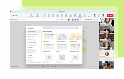 Team on video call reviewing whiteboard templates for collaboration.