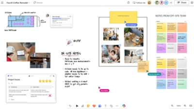  A digital whiteboard displays project plans, site photos, sticky notes, and team comments for a coffee shop remodel.
