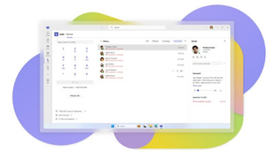 The Calls app in Teams showing the keypad, ongoing calls and call history, and contacts