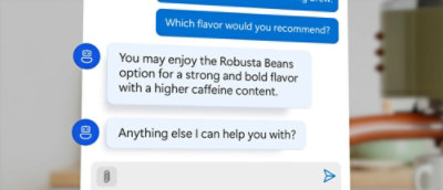 Chatbot suggesting coffee options in a conversation window.