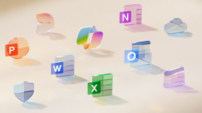 Floating icons of PowerPoint, Word, Excel, and OneNote hover above a colorful, abstract 3D spiral against a gradient background.