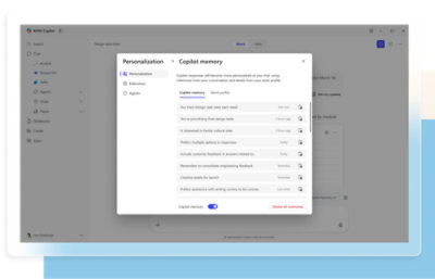 A screenshot of a computer display showing a settings menu with the header Personalization> Copilot memory.
