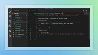A computer screen displaying a code editor with JavaScript code open. The sidebar shows a file directory.