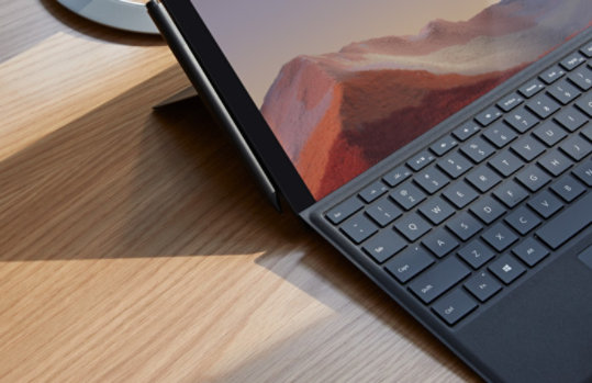 Close-up of Surface Pro 7 with a Type Cover attached.