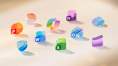 Colorful ribbons with icons representing Microsoft Office applications, including PowerPoint, Word, Excel