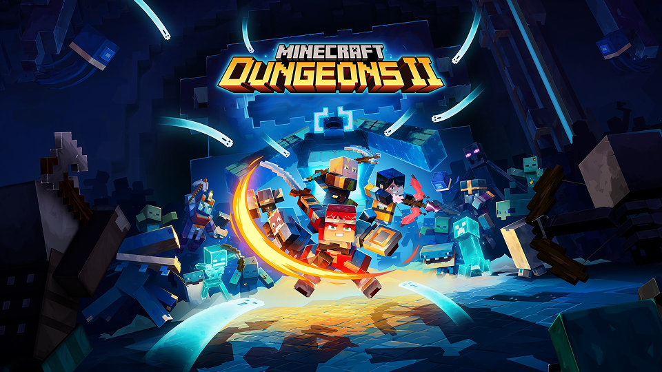 Minecraft Dungeons II, a group of four brave blocky heroes leaps forward together to fight off a huge army of monsters in a dark dungeon.
