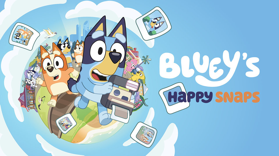 Bluey's Happy Snaps, Bluey and Bingo holding cameras and surrounded by an assortment of photos scattered around them.