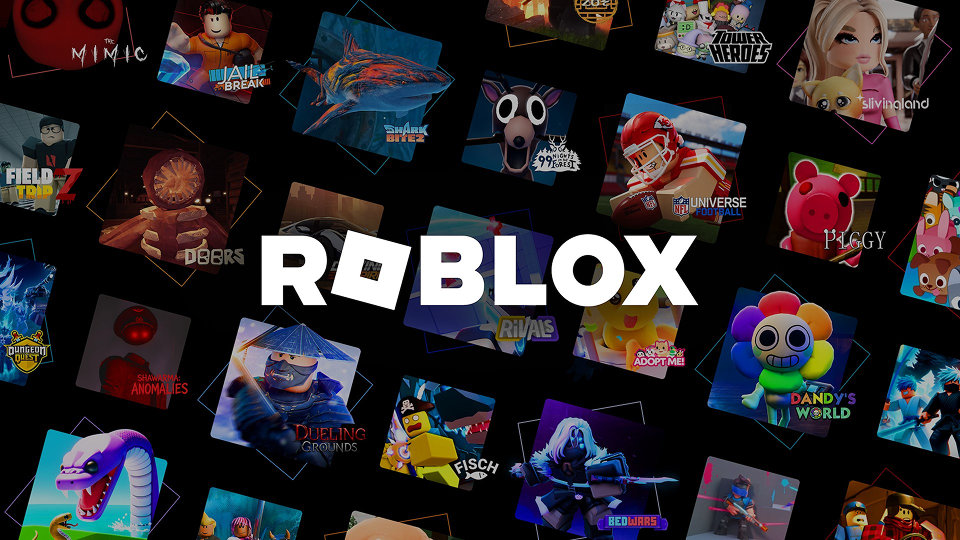 Roblox, rows of square panes with art from featured games, including Fisch, BedWars, and Lego NFL.