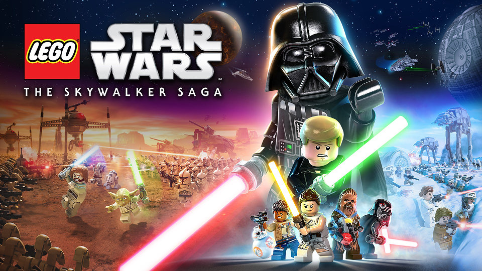 LEGO Star Wars: The Skywalker Saga, Collage of Star Wars characters as LEGO figures in multiple Star Wars environments and poses.