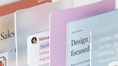 Un gros plan sur des écrans d'interface numérique superposés affichant divers éléments, notamment des zones de texte, des extraits de code et des informations de profil.