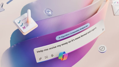 Une image abstraite et colorée représentant des documents numériques avec des icônes flottantes. Une zone de texte indique : « Aide-moi à retravailler mon texte afin qu'il soit plus formel et convaincant. »