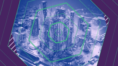 Paysage urbain futuriste avec de grands gratte-ciel, mis en valeur par des motifs hexagonaux verts.