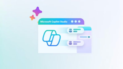 Une capture d'écran montrant un logo bleu et blanc et le texte « Microsoft Copilot Studio ».