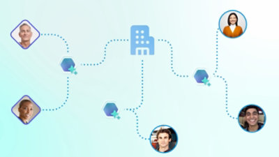 Schéma représentant une icône centrale en forme de bâtiment reliée par des lignes pointillées à cinq personnes, chacune dans un cercle.