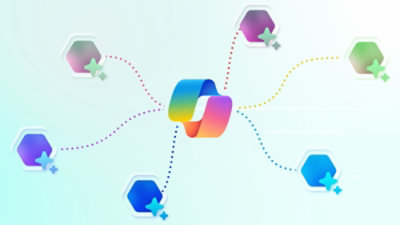 Une icône Copilot centrale au milieu, reliée à six hexagones disposés autour d'elle par des lignes pointillées, chacun d'une couleur différente.