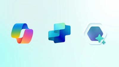 Trois icônes abstraites sur un dégradé clair : un ruban multicolore, une forme superposée bleu-vert et un hexagone avec une étoile.