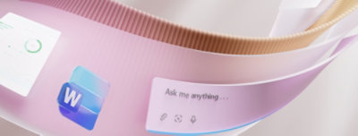 Un ruban numérique fluide aux tons pastel affiche l'icône Word et une bulle de texte indiquant « Posez-moi une question... ».