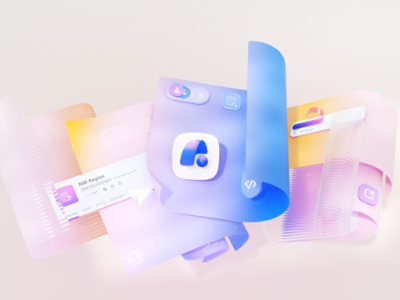 Des feuilles translucides flottantes avec des dégradés dans les tons bleus, roses et jaunes affichent les icônes des applications et les éléments de l'interface utilisateur.