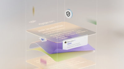 Une visualisation 3D de documents superposés avec des extraits de code et une notification utilisateur, flottant dans une boîte transparente.