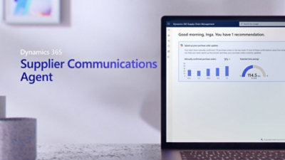 Laptop screen displaying a dashboard with charts and the title 'Dynamics 365 Supplier Communications Agent' on the left.