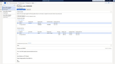 Screenshot of a purchase order interface for Acme Office Supplies showing order details for office chairs and delivery instructions.