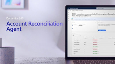 Computer screen displaying the Dynamics 365 Account Reconciliation Agent interface with account status details and a blurred office background.