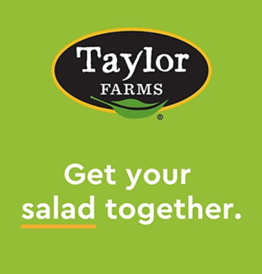 Green background with the Taylor Farms logo at the top and the slogan “Get your salad together” written in white text, with “salad” highlighted in orange.