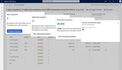 Screenshot of Dynamics 365 Finance interface showing reconciliation statistics, exception details, and account reconciliation agent status.