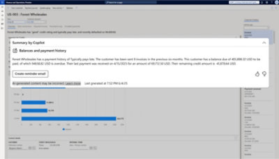 Screenshot of Copilot summary for Forest Wholesales showing overdue balance, payment history, and last payment details.