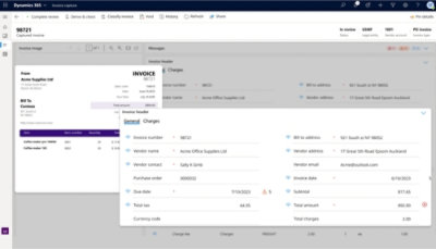 Screenshot of Dynamics 365 invoice capture interface showing invoice details from Acme Supplies Ltd including items, charges, and vendor information.
