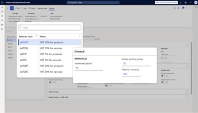 Screenshot of Finance and Operations Preview interface showing a dropdown menu for sales tax codes and general ledger settings.