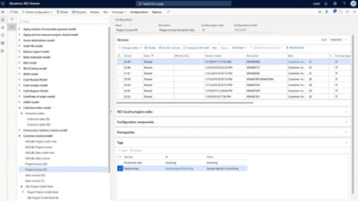 Screenshot of Dynamics 365 Finance interface showing configuration versions for Italian project invoice formats under the e-invoicing feature area.