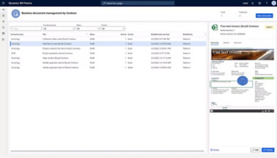Screenshot of Dynamics 365 Finance showing a list of draft business documents in Excel and Word formats under the invoicing and SCM functional areas.