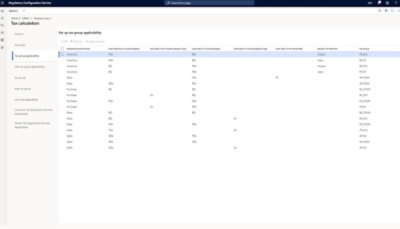 Screenshot of Regulatory Configuration Service interface showing tax group applicability settings by business process and country/region.