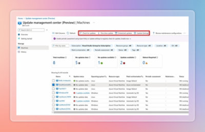 Screenshot of an update management portal showing a preview page with machine status tiles, filters, and a table listing devices, update details, and health indicators.