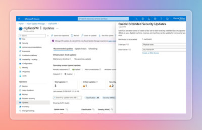 Screenshot of the Microsoft Intune Updates page showing update settings and an “Enable ExtendSecurity Updates” panel alongside device update status details.