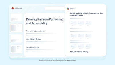 A screenshot of a computer displaying a presentation slide with text about premium positioning and product features.